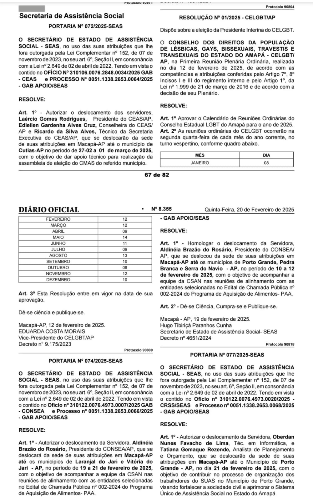 Calendário de reuniões ordinárias do CELGBT 2025