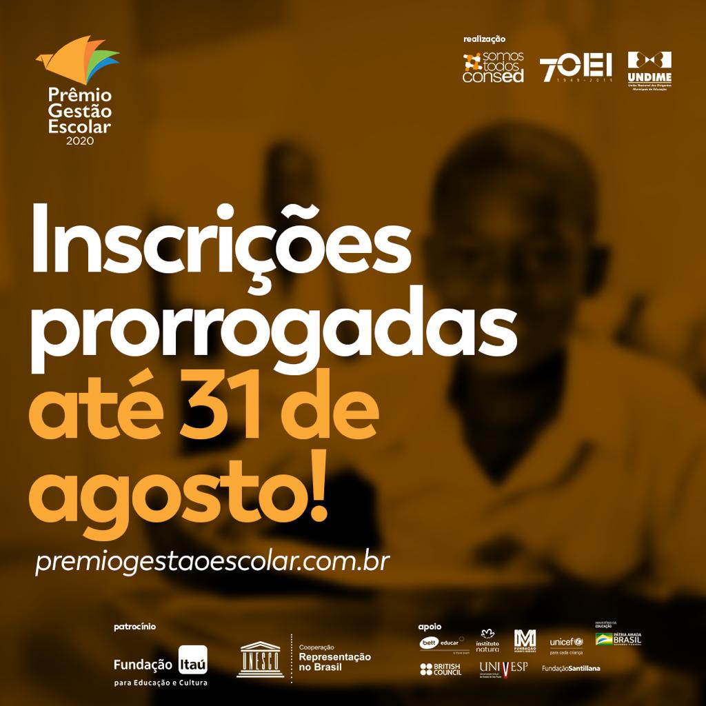 Prêmio Gestão Escolar 2020 prorroga inscrições até o dia 31 de agosto