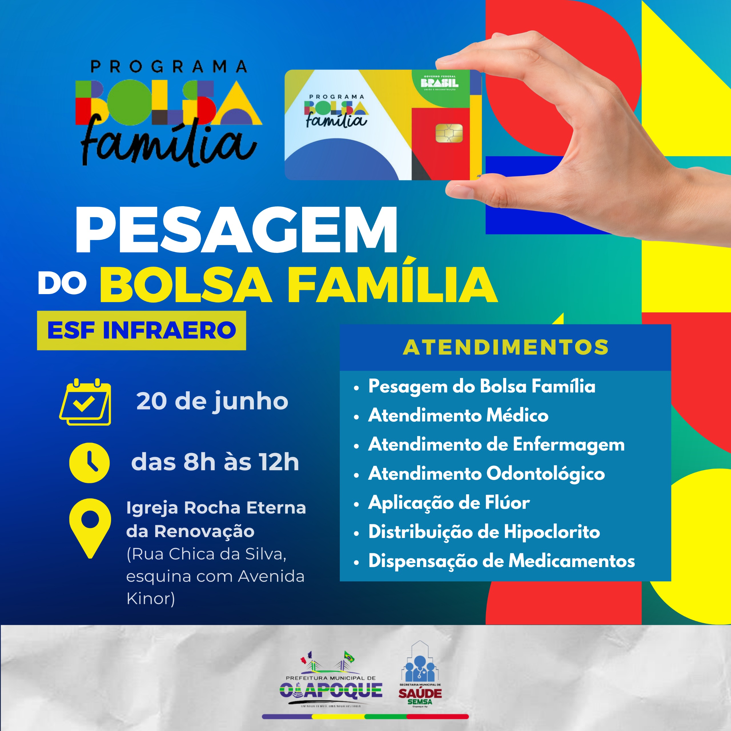 A Prefeitura Municipal de Oiapoque, por meio da Secretaria Municipal de Saúde, convida todas as pessoas que participam do programa Bolsa Família dos bairros Infraero e próximos para nossa ação de pesagem.