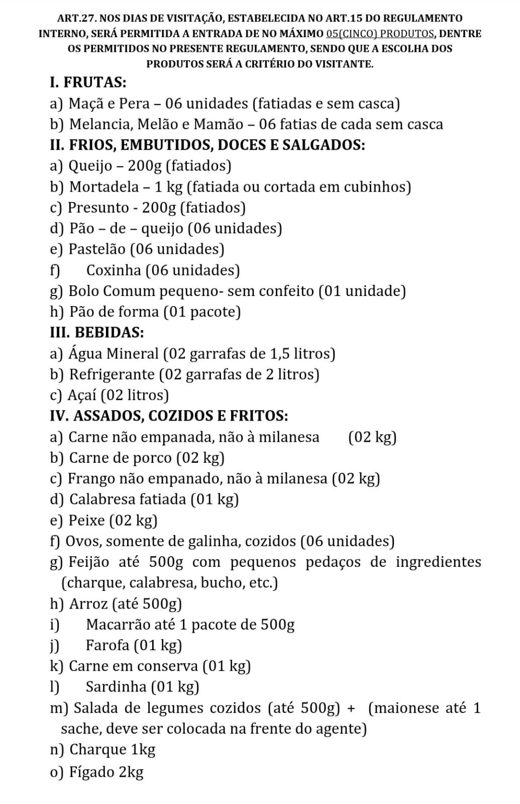 Serviço de Informação ao Cidadão: Lista de Alimentos/Visita - UVD.