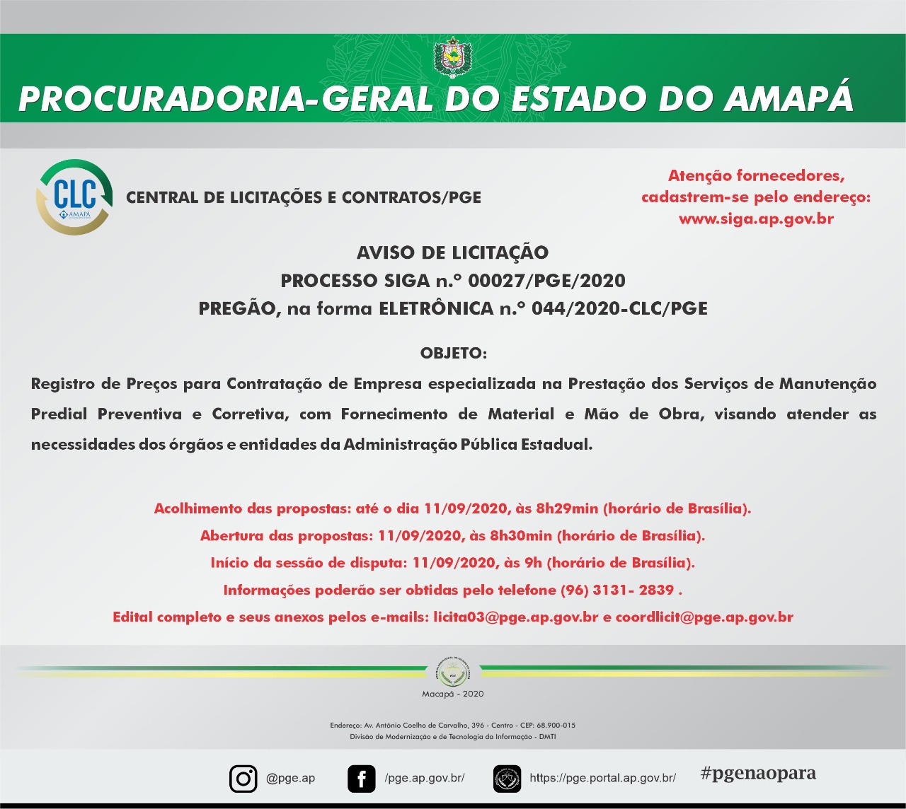 A PGE publica aviso de licitação