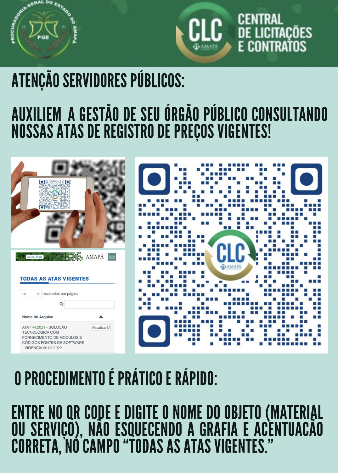 PGE/CLC disponibiliza QR Code para acesso de Atas de Registro de Preços Vigentes