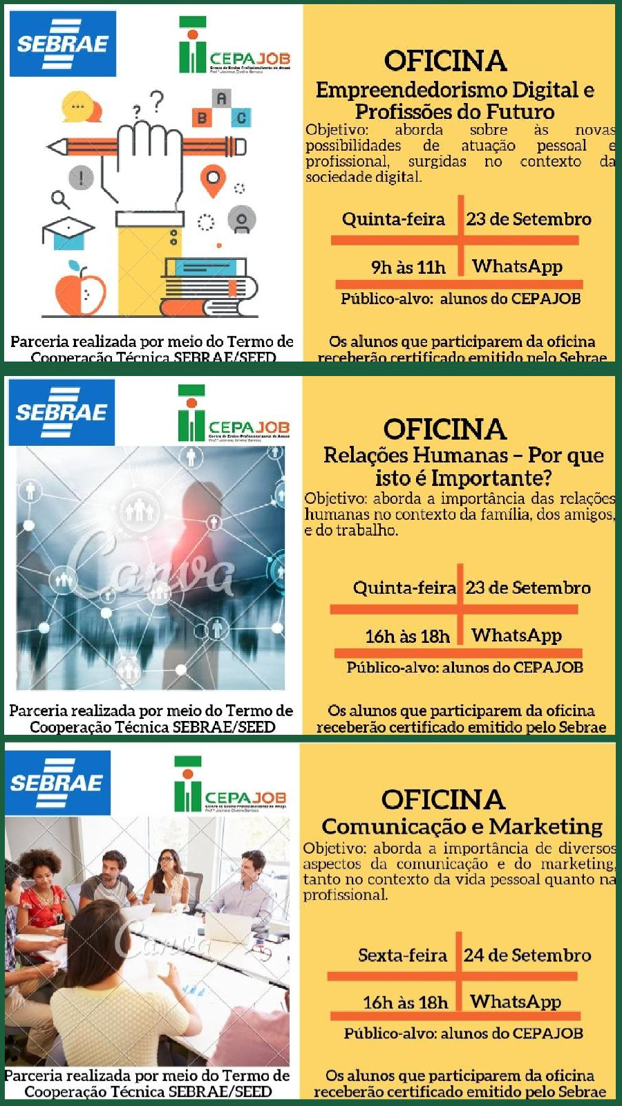 Oficinas, Cooperação Técnica SEBRAE/SEED.