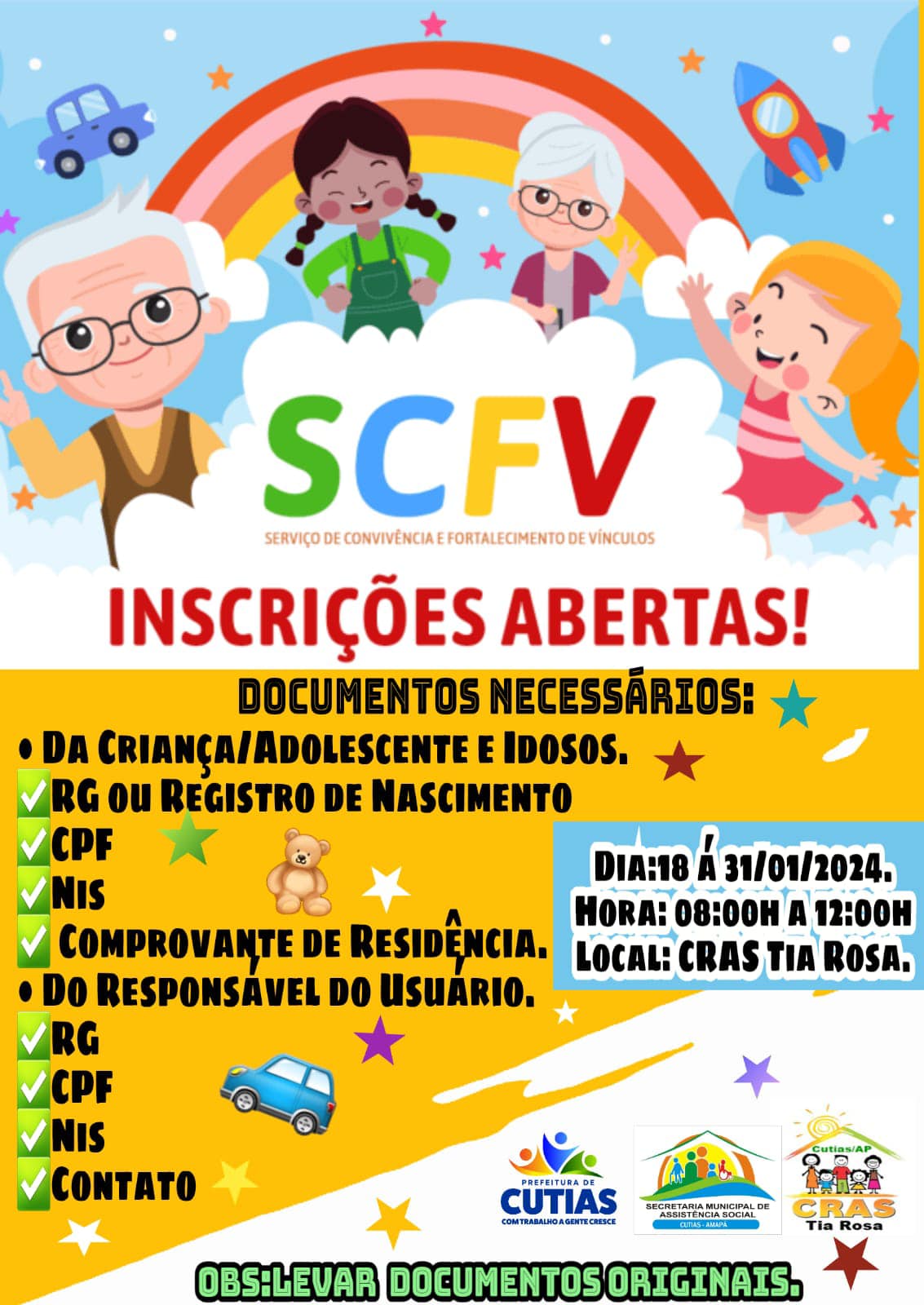  Inscrições abertas para as turmas do Serviço de Convivência e Fortalecimento de Vínculos - SCFV 