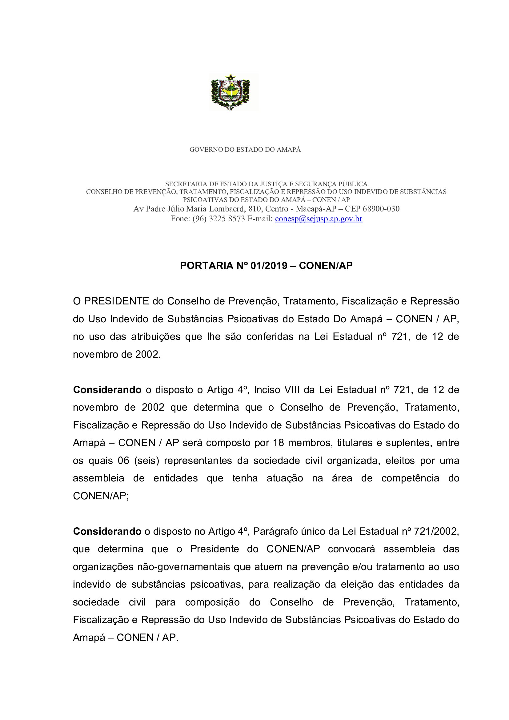 PORTARIA Nº 01/2019 – CONEN/AP