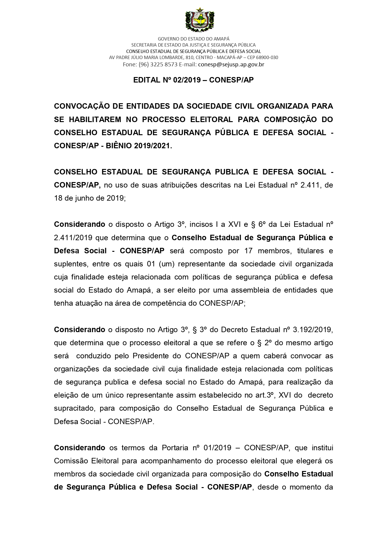 Edital nº 02/2019 – Sejusp/AP 