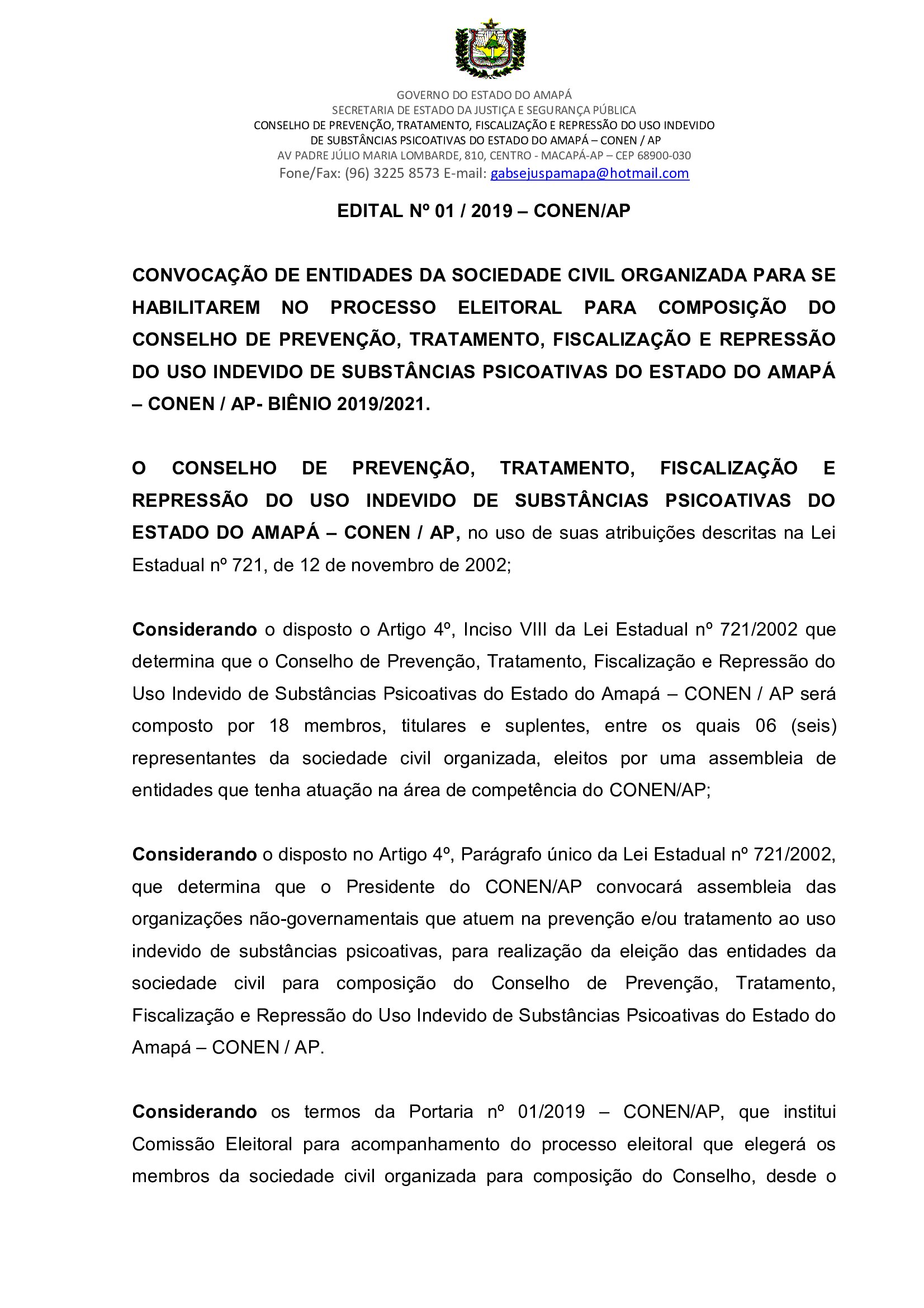 EDITAL Nº 01 / 2019 – CONEN/AP