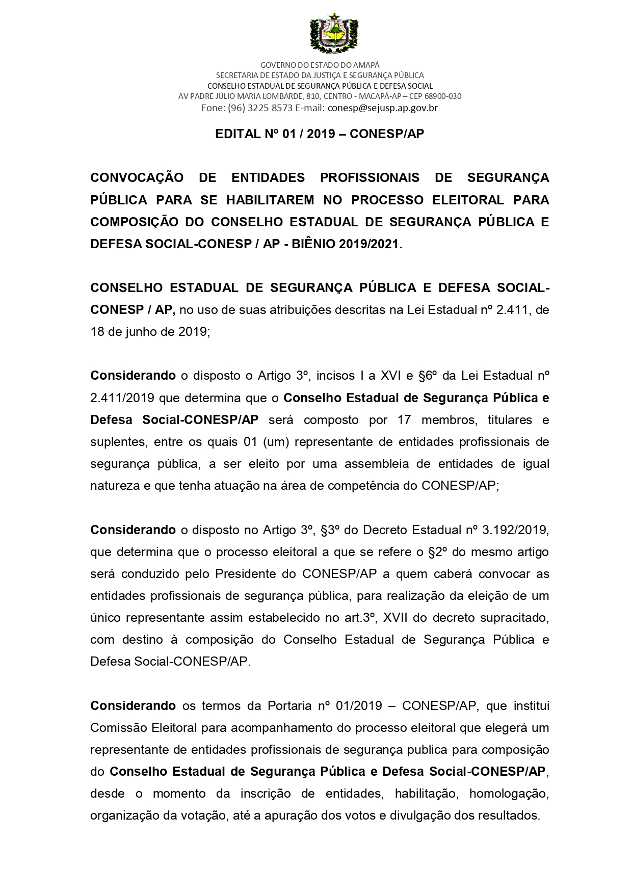 Edital nº 01/2019 – Sejusp/AP