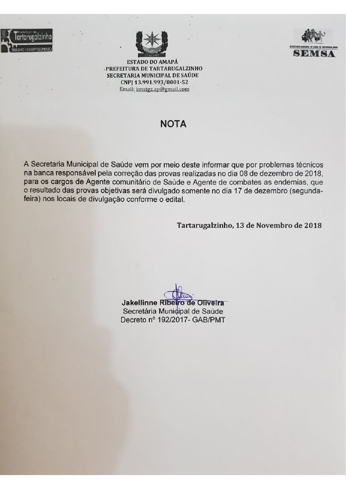 NOTA PROCESSO SELETIVO SIMPLIFICADO EDITAL N° 001/2018